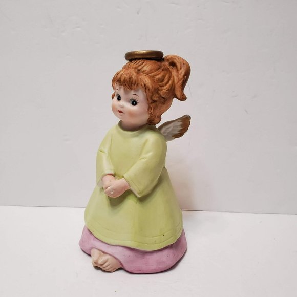Lefton Angel Figurine, Vintage Bisque Porcelain, Green Pink with Halo, Toes - Picture 3 of 7
